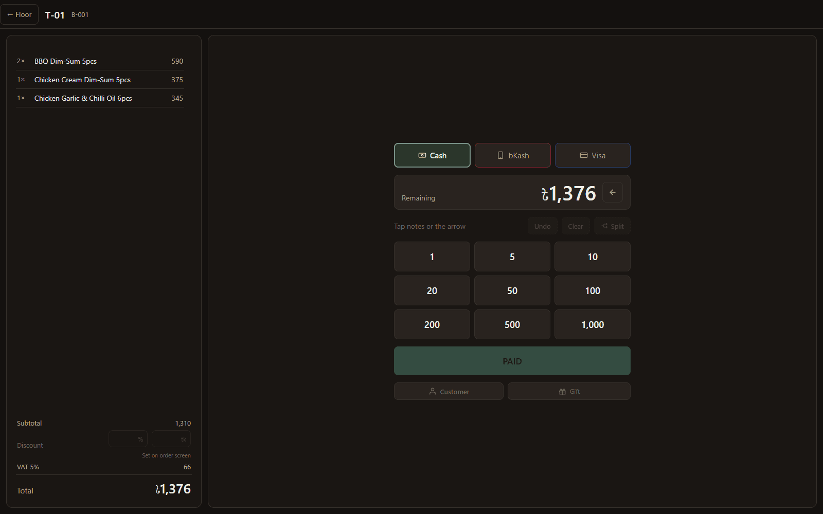 The Pooji point of sale on a Windows PC: taking payment, by cash, bKash or card